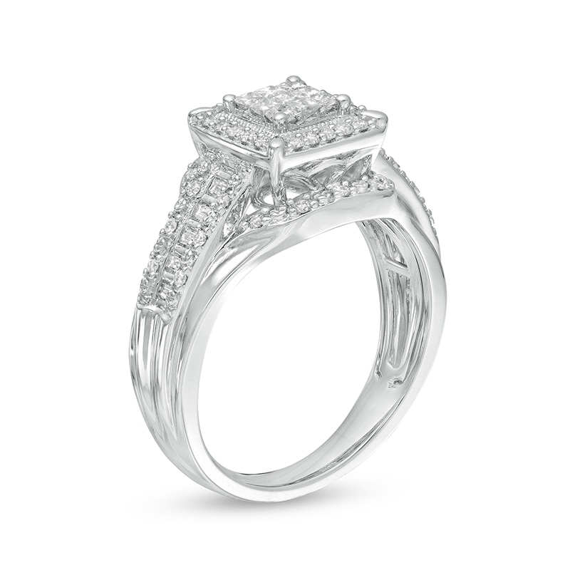 Main Image 3 of Previously Owned - 1/2 CT. T.W. Princess-Cut Composite Diamond Frame Multi-Row Engagement Ring in 10K White Gold