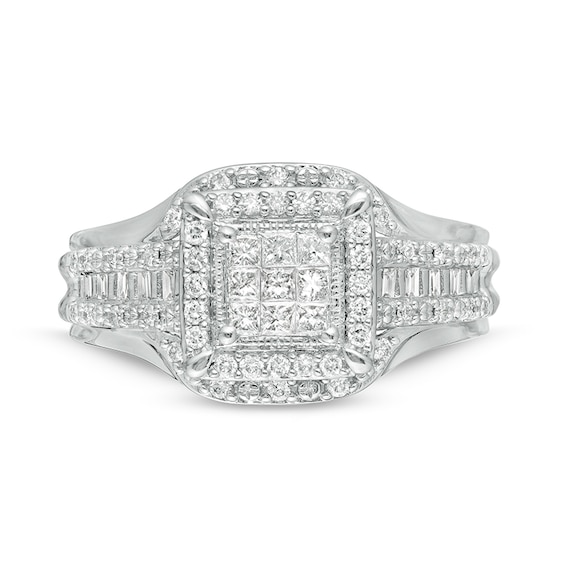 Previously Owned - 1/2 CT. T.w. Princess-Cut Composite Diamond Frame Multi-Row Engagement Ring in 10K White Gold