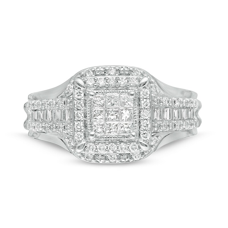 Main Image 4 of Previously Owned - 1/2 CT. T.W. Princess-Cut Composite Diamond Frame Multi-Row Engagement Ring in 10K White Gold