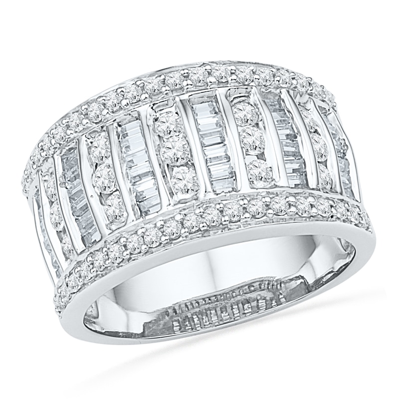 Main Image 1 of Previously Owned - 1 CT. T.W. Baguette and Round Diamond Multi-Row Band in 10K White Gold