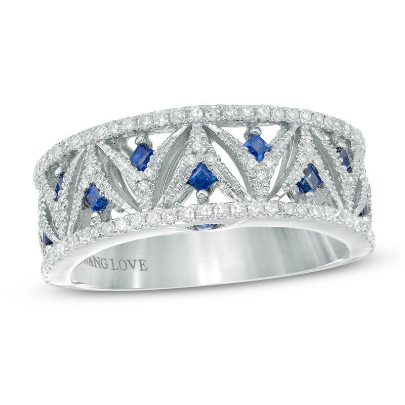 Main Image 1 of Previously Owned - Vera Wang Love Collection 1/3 CT. T.W. Diamond and Blue Sapphire Band in 14K White Gold