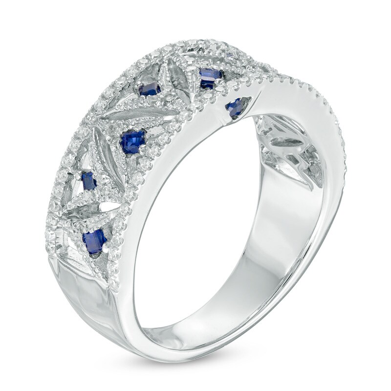 Main Image 2 of Previously Owned - Vera Wang Love Collection 1/3 CT. T.W. Diamond and Blue Sapphire Band in 14K White Gold