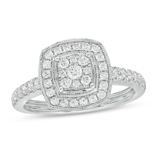 Previously Owned - 1/2 CT. T.w. Composite Diamond Cushion Frame Vintage-Style Ring in 10K White Gold