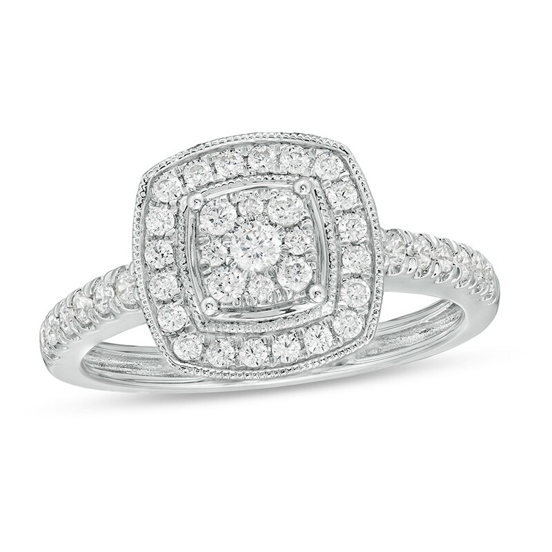 Main Image 1 of Previously Owned - 1/2 CT. T.W. Composite Diamond Cushion Frame Vintage-Style Ring in 10K White Gold