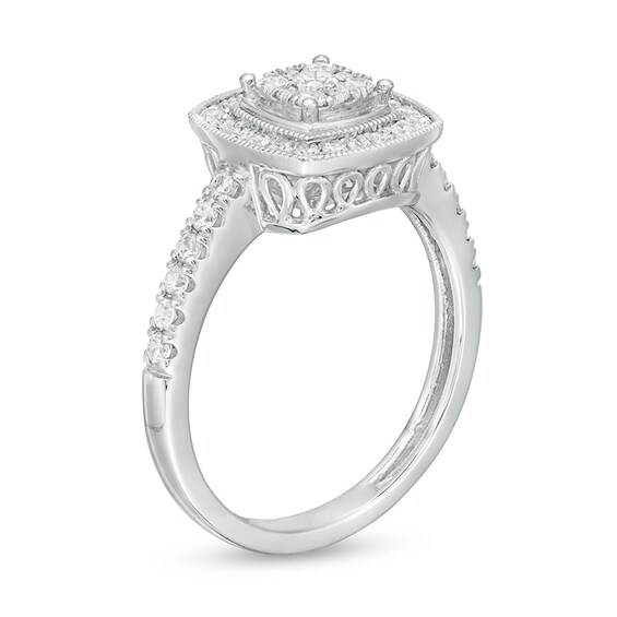 Previously Owned - 1/2 CT. T.w. Composite Diamond Cushion Frame Vintage-Style Ring in 10K White Gold