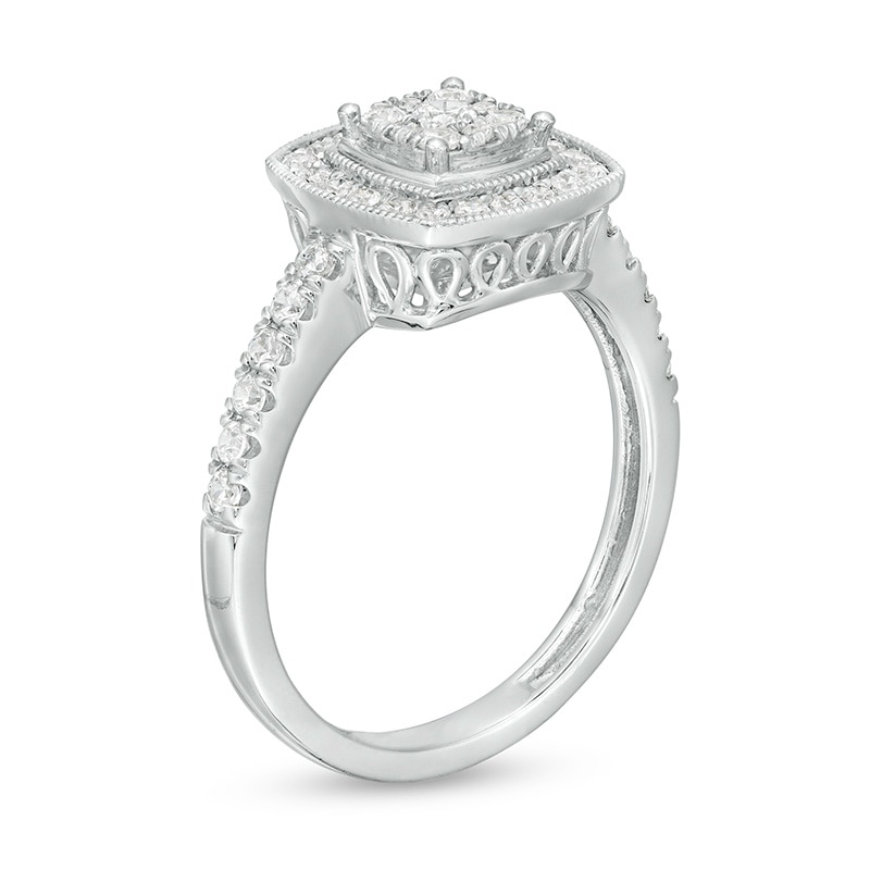 Main Image 3 of Previously Owned - 1/2 CT. T.W. Composite Diamond Cushion Frame Vintage-Style Ring in 10K White Gold