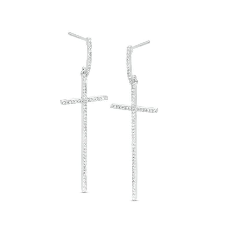 Main Image 1 of Previously Owned - 1/4 CT. T.W. Diamond Long Cross Drop Earrings in 10K White Gold