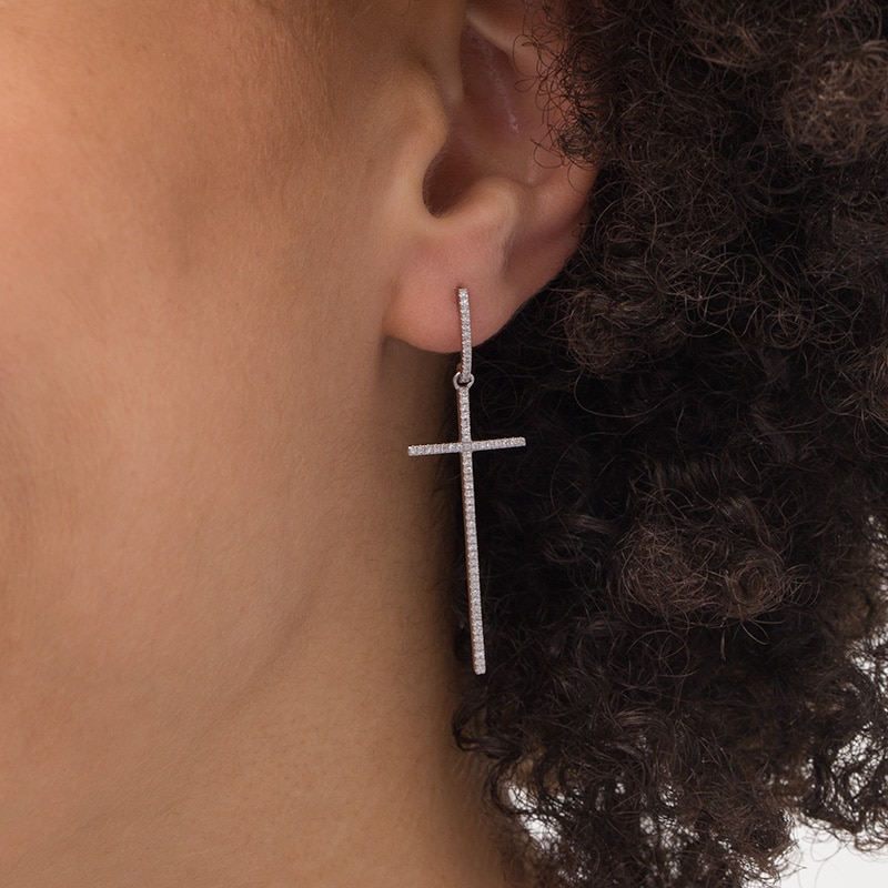 Main Image 2 of Previously Owned - 1/4 CT. T.W. Diamond Long Cross Drop Earrings in 10K White Gold