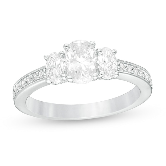 Previously Owned - 1-1/2 CT. T.w. Oval Lab-Grown Diamond Lined Past Present Future® Engagement Ring in 14K White Gold