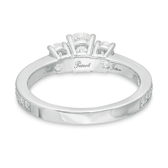 Previously Owned - 1-1/2 CT. T.w. Oval Lab-Grown Diamond Lined Past Present Future® Engagement Ring in 14K White Gold