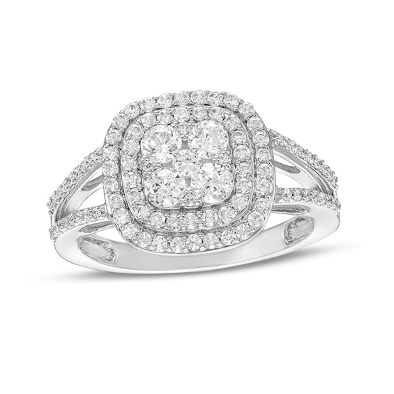 Previously Owned - 1 CT. T.w. Composite Diamond Double Cushion Frame Split Shank Ring in 10K White Gold