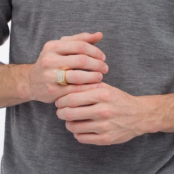 Previously Owned - 1-1/4 CT. T.w. Diamond Triple Row Rectangle-Top Border Ring in 10K Gold