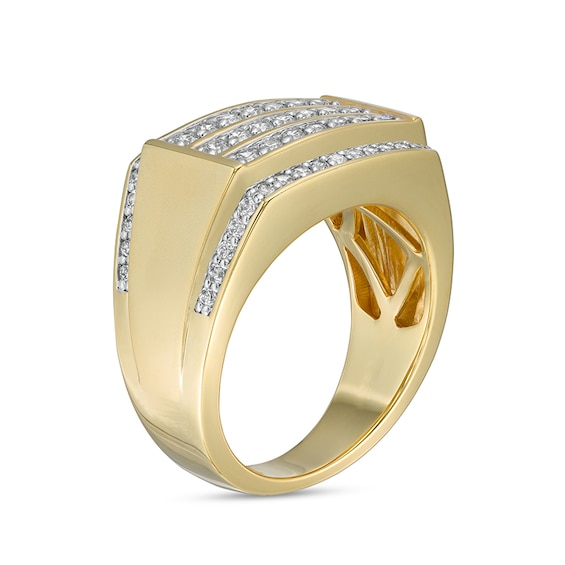 Previously Owned - 1-1/4 CT. T.w. Diamond Triple Row Rectangle-Top Border Ring in 10K Gold