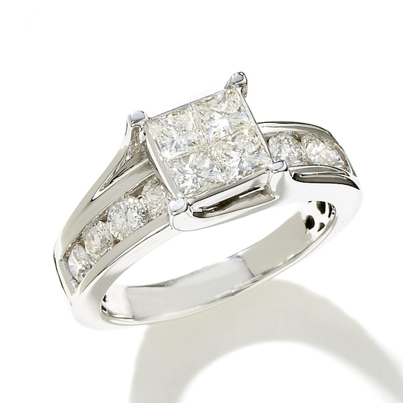Previously Owned - 1-1/2 CT. T.w. Quad Square-Cut Diamond Engagement Bridge Ring in 14K White Gold