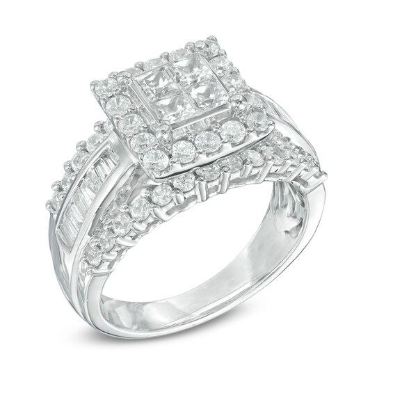Previously Owned - 1-3/4 CT. T.w. Quad Princess-Cut Diamond Frame Engagement Ring in 14K White Gold