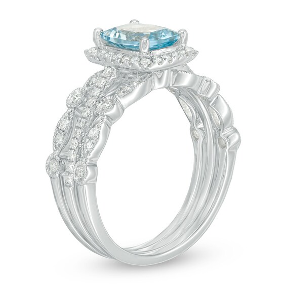 Previously Owned - Cushion-Cut Aquamarine and 1/3 CT. T.w. Diamond Three Piece Bridal Set in 14K White Gold