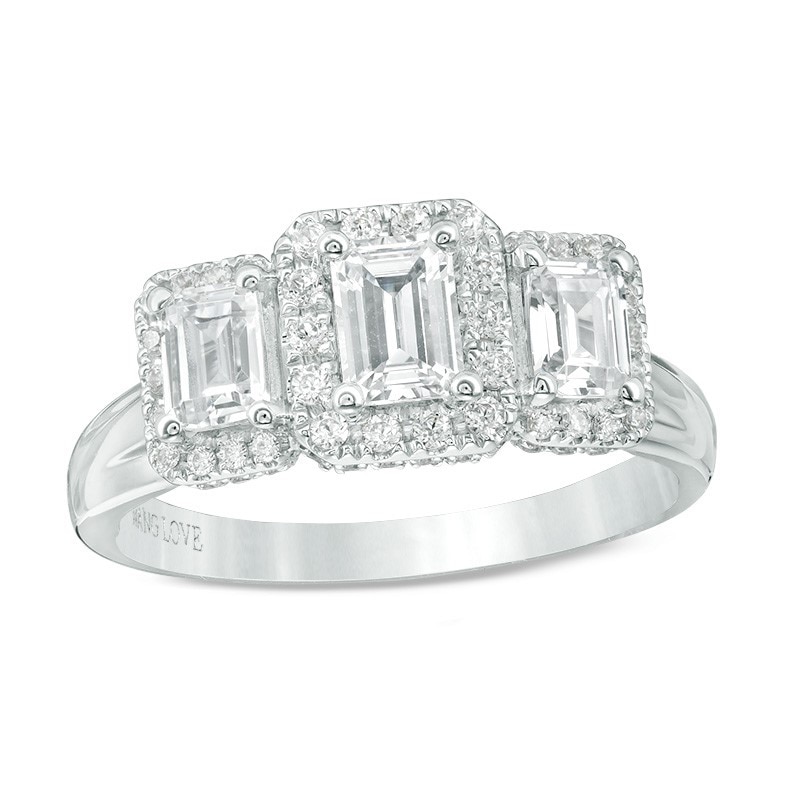 Main Image 1 of Previously Owned - Vera Wang Love Collection 1-1/3 CT. T.W. Diamond Three Stone Frame Engagement Ring in 14K White Gold