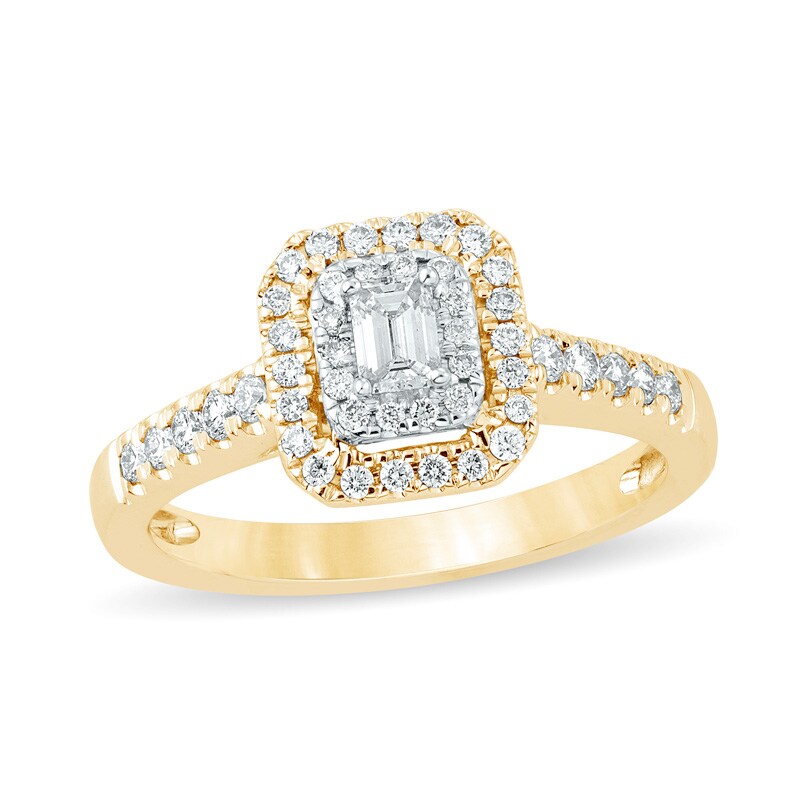 Main Image 1 of Previously Owned - 1/2 CT. T.W. Emerald-Cut Diamond Double Frame Engagement Ring in 14K Gold