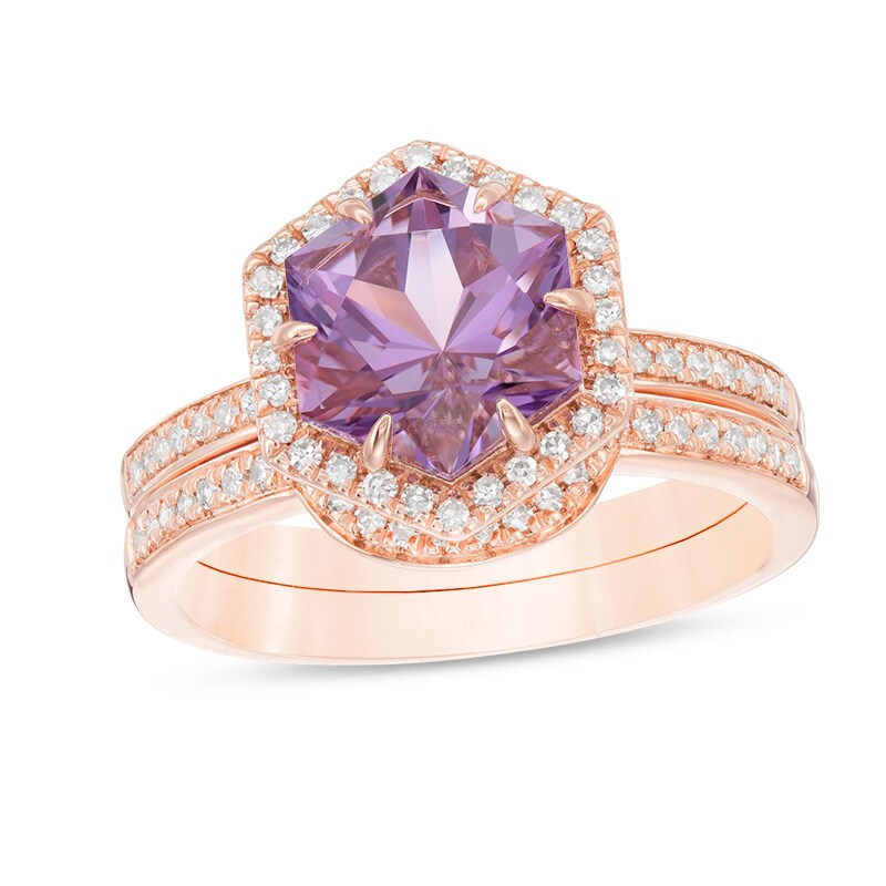 Main Image 1 of Previously Owned - Hexagonal Rose de France Amethyst and 1/3 CT. T.W. Diamond Frame Bridal Set in 14K Rose Gold