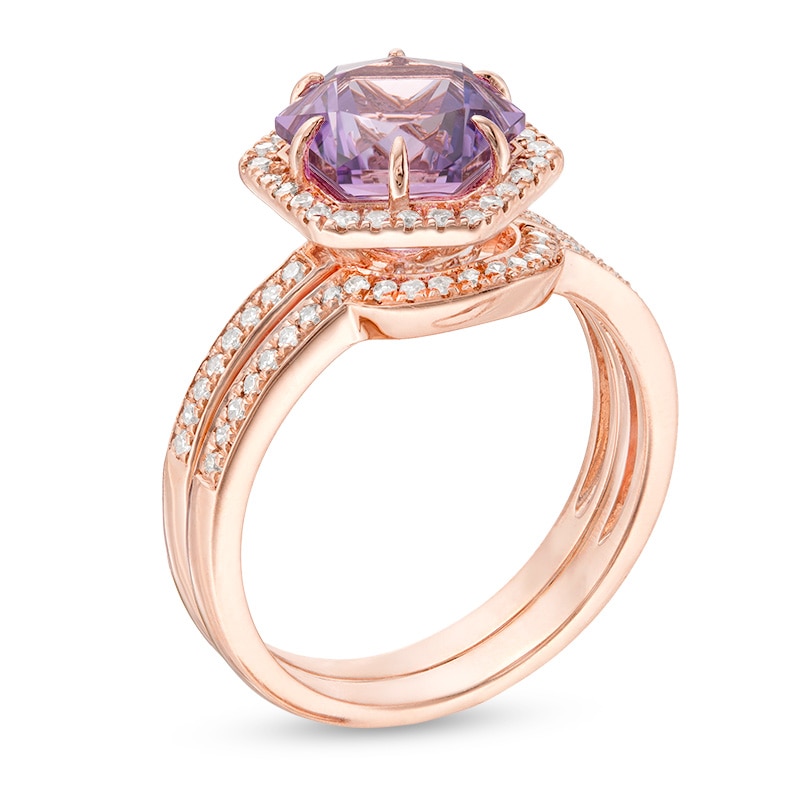 Main Image 3 of Previously Owned - Hexagonal Rose de France Amethyst and 1/3 CT. T.W. Diamond Frame Bridal Set in 14K Rose Gold