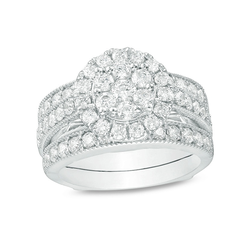 Main Image 1 of Previously Owned - 2 CT. T.W. Composite Diamond Frame Vintage-Style Bridal Set in 14K White Gold