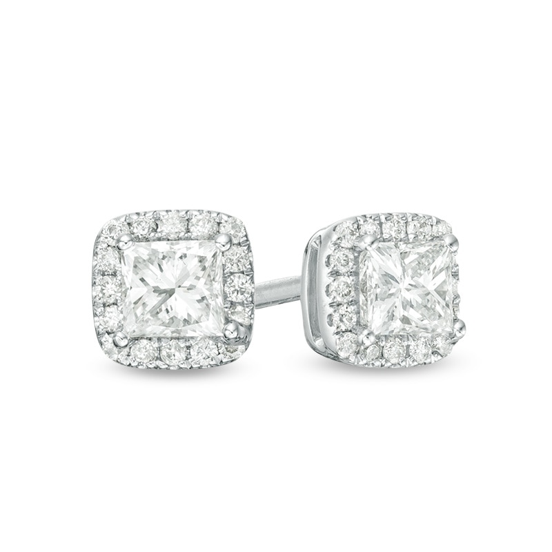 Main Image 1 of Previously Owned - 1/2 CT. T.W.  Princess-Cut Diamond Frame Stud Earrings in 14K White Gold (I/SI2)