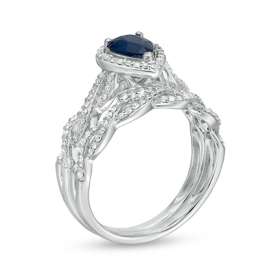 Previously Owned - Pear-Shaped Blue Sapphire and 3/8 CT. T.w. Diamond Frame Twist Bridal Set in 14K White Gold