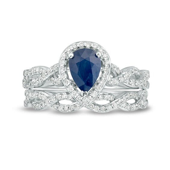 Previously Owned - Pear-Shaped Blue Sapphire and 3/8 CT. T.w. Diamond Frame Twist Bridal Set in 14K White Gold