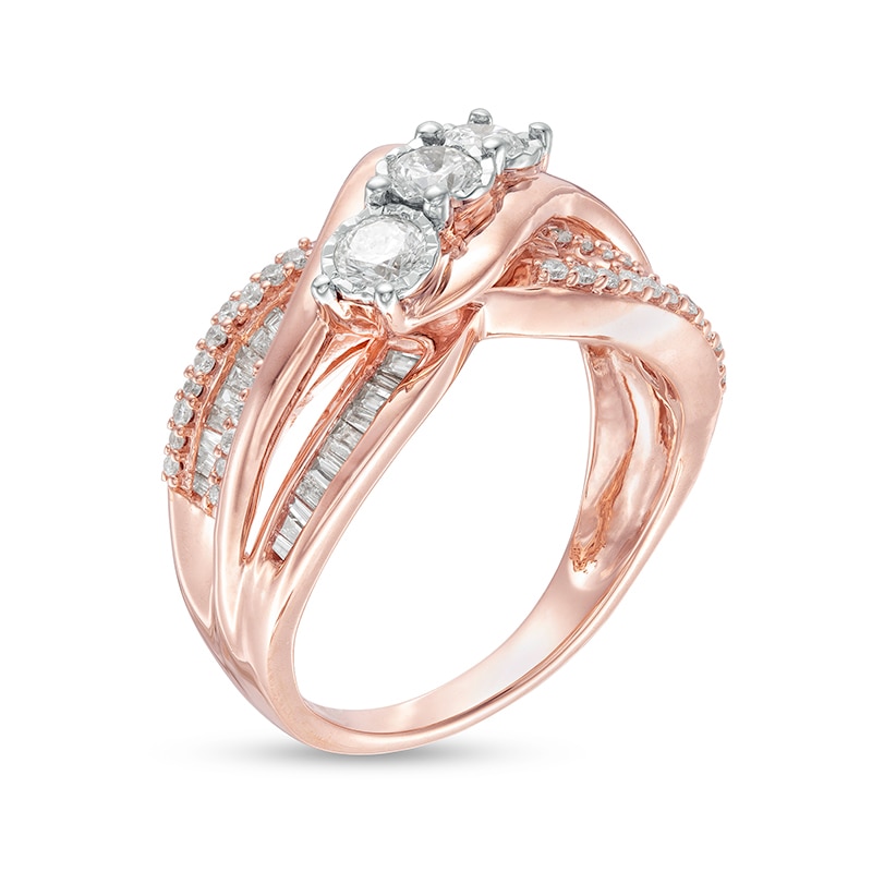 Main Image 3 of Previously Owned - 1 CT. T.W. Diamond Past Present Future® Slant Bypass Engagement Ring in 10K Rose Gold