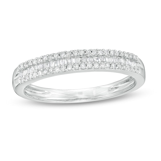 Previously Owned - 1/4 CT. T.w. Baguette and Round Diamond Multi-Row Band in 14K White Gold