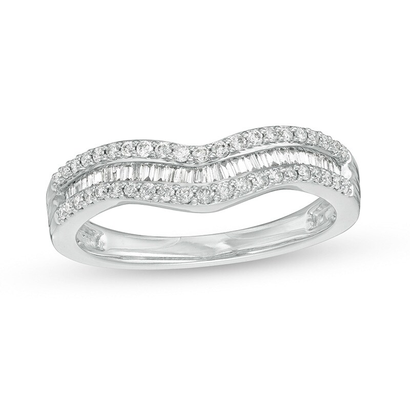 Main Image 1 of Previously Owned - 1/3 CT. T.W. Baguette and Round Diamond Contour Anniversary Band in 14K White Gold