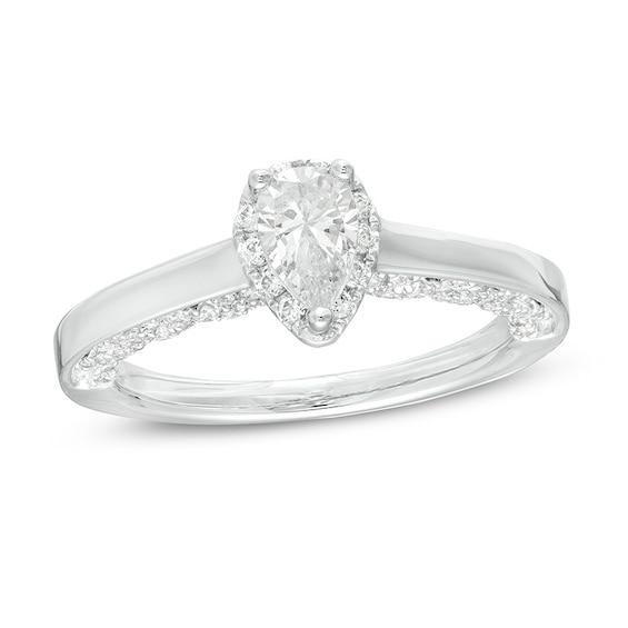 Previously Owned - 1 CT. T.w. Pear-Shaped Diamond Frame Engagement Ring in 14K White Gold (I/I2)