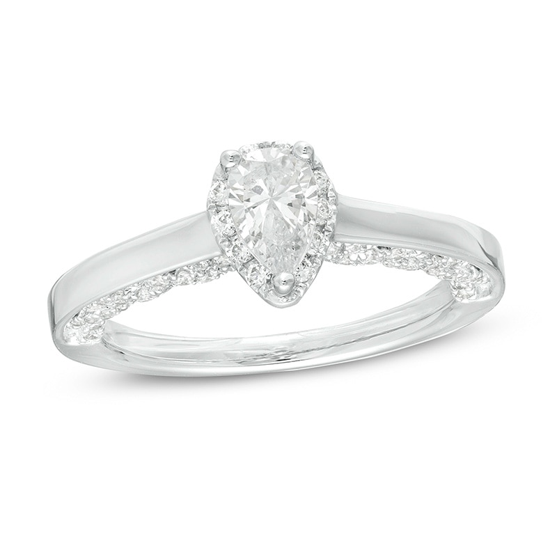 Main Image 1 of Previously Owned - 1 CT. T.W. Pear-Shaped Diamond Frame Engagement Ring in 14K White Gold (I/I2)