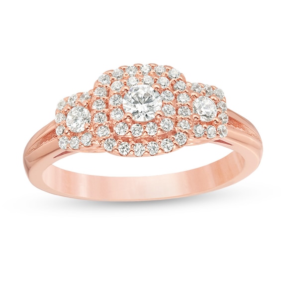 Previously Owned - 1/2 CT. T.w. Diamond Past Present Future® Double Cushion Frame Engagement Ring in 10K Rose Gold