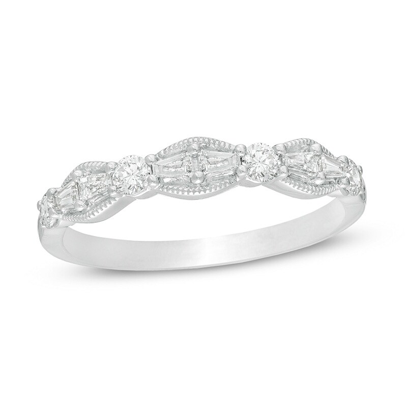 Main Image 1 of Previously Owned - 3/8 CT. T.W. Baguette and Round Diamond Vintage-Style Band in 10K White Gold