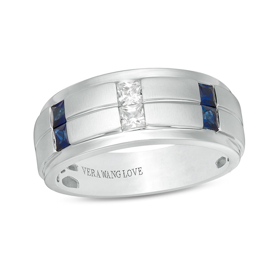 Previously Owned - Vera Wang Men's 1/4 CT. T.w. Square-Cut Diamond and Sapphire Band in 14K White Gold