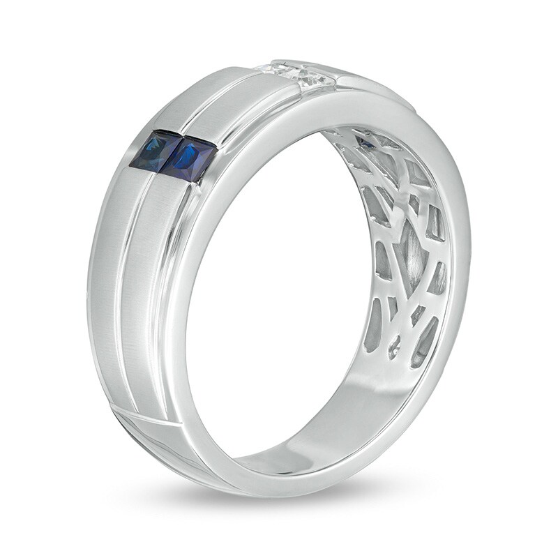 Main Image 3 of Previously Owned - Vera Wang Men's 1/4 CT. T.W. Square-Cut Diamond and Sapphire Band in 14K White Gold