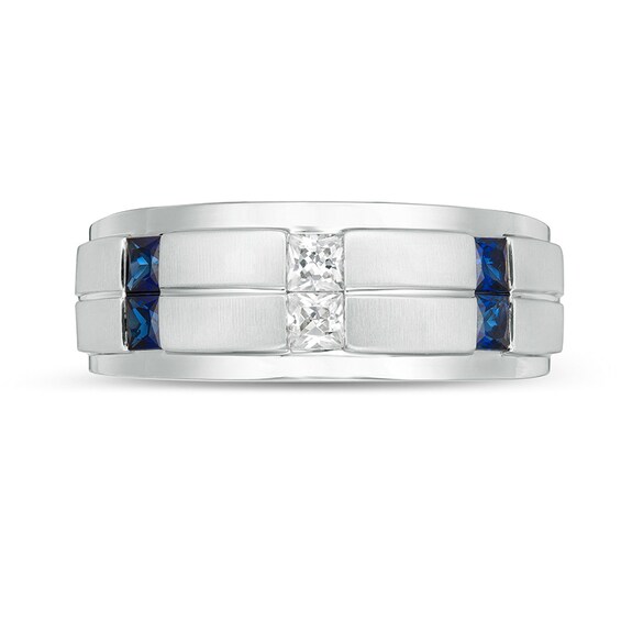 Previously Owned - Vera Wang Men's 1/4 CT. T.w. Square-Cut Diamond and Sapphire Band in 14K White Gold