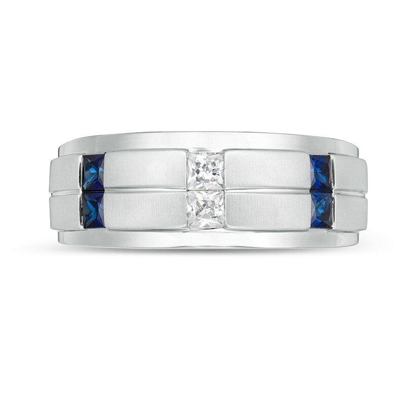 Main Image 4 of Previously Owned - Vera Wang Men's 1/4 CT. T.W. Square-Cut Diamond and Sapphire Band in 14K White Gold