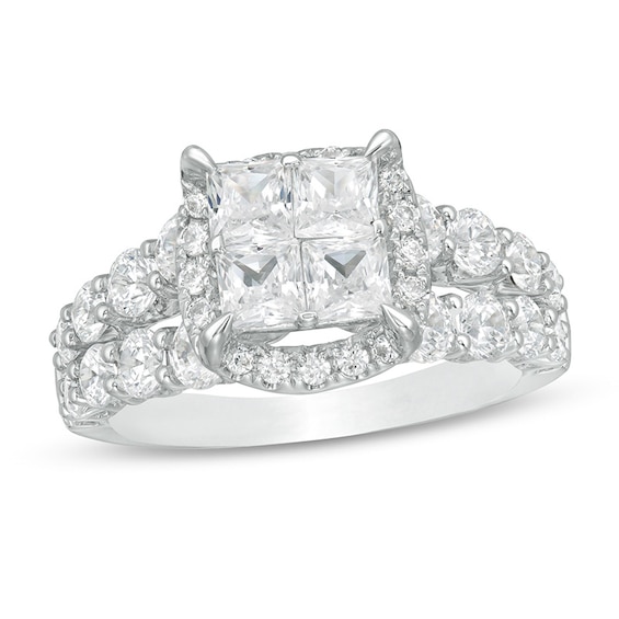 Previously Owned - 3 CT. T.w. Princess-Cut Quad Diamond Frame Split Shank Engagement Ring in 14K White Gold