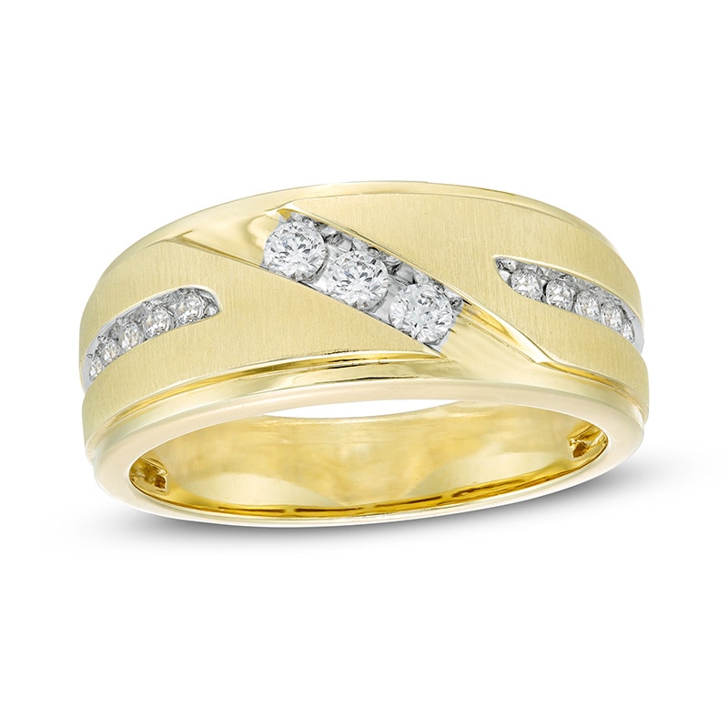 Main Image 1 of Previously Owned - 3/8 CT. T.W. Diamond Three Stone Slant Wedding Band in 10K Gold