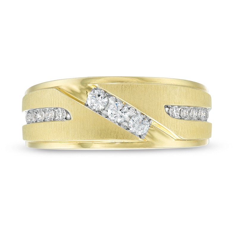 Main Image 2 of Previously Owned - 3/8 CT. T.W. Diamond Three Stone Slant Wedding Band in 10K Gold