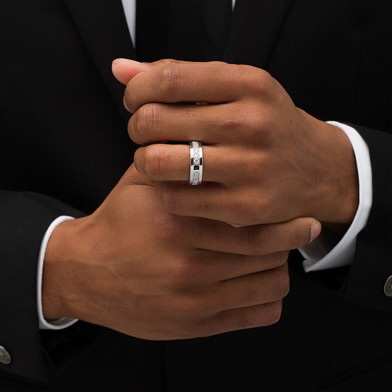 Main Image 2 of Previously Owned - Vera Wang Men's Square-Cut Sapphire and 3/4 CT. T.W. Diamond Band in 14K White Gold