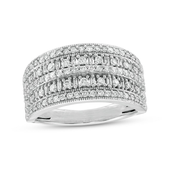Previously Owned - 1/2 CT. T.w. Baguette and Round Diamond Vintage-Style Multi-Row Anniversary Band in 10K White Gold