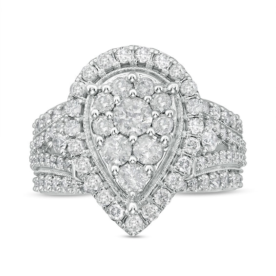 Previously Owned - 2 CT. T.w. Pear Multi-Diamond Frame Vintage-Style Split Shank Engagement Ring in 10K White Gold