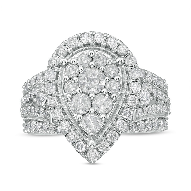 Main Image 1 of Previously Owned - 2 CT. T.W. Pear Multi-Diamond Frame Vintage-Style Split Shank Engagement Ring in 10K White Gold