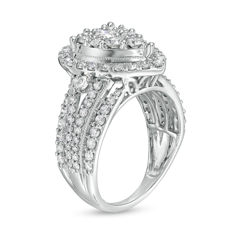 Main Image 3 of Previously Owned - 2 CT. T.W. Pear Multi-Diamond Frame Vintage-Style Split Shank Engagement Ring in 10K White Gold