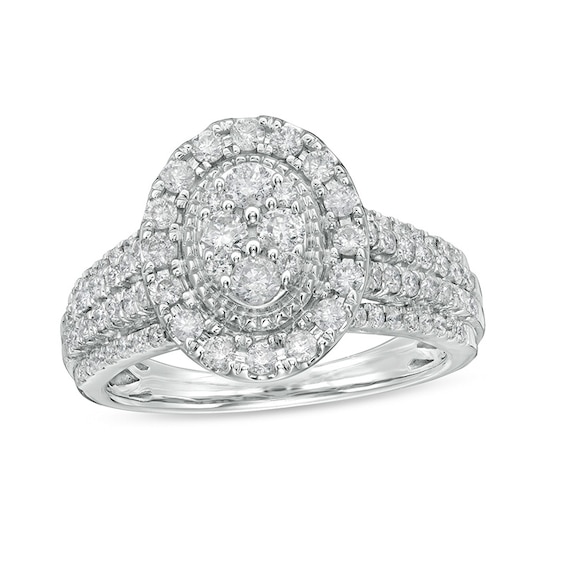 Previously Owned - 1 CT. T.w. Composite Oval Diamond Frame Vintage-Style Engagement Ring in 10K White Gold