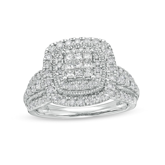 Previously Owned - 1 CT. T.w. Cushion Multi-Diamond Double Frame Vintage-Style Engagement Ring in 10K White Gold