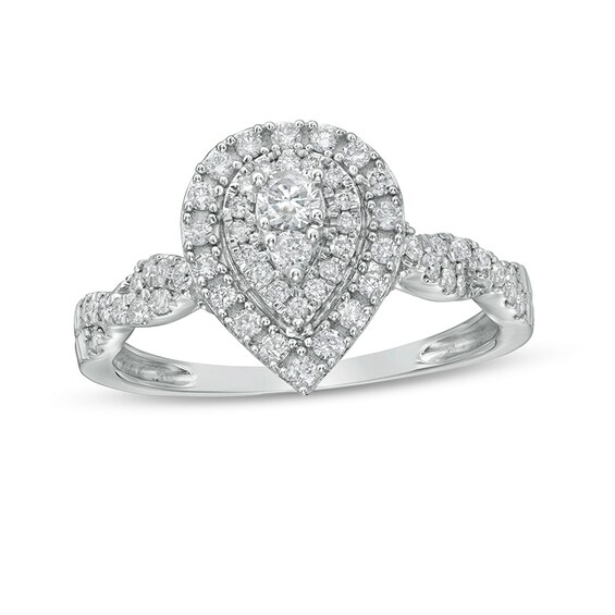 Previously Owned - 1/2 CT. T.w. Diamond Double Pear-Shaped Frame Twist Shank Engagement Ring in 10K White Gold